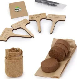 CAISSE EN BOIS CARRE AVEC 4 SACS DE JUTE AVEC DOUBLURE EN PLASTIQUE AVEC GRAINES ET SUBSTRAT