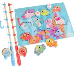 2 CANNES A PECHE 43 CM BOIS AVEC MOULINET + 10 POISSONS BOIS