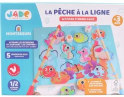 2 CANNES A PECHE 43 CM BOIS AVEC MOULINET + 10 POISSONS BOIS