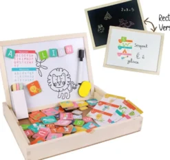 COFFRET BOIS MAGNETIQUE AVEC ARDOISE DOUBLE FACE LETTRES ANIMAUX CHIFFRES