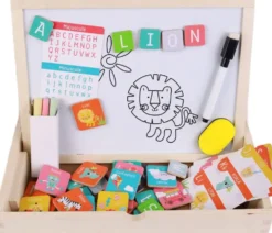 COFFRET BOIS MAGNETIQUE AVEC ARDOISE DOUBLE FACE LETTRES ANIMAUX CHIFFRES