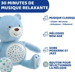 FIRST DREAMS - PELUCHE OURSON PROJECTEUR BABY BEAR BLEU