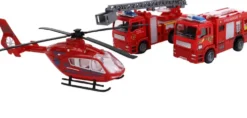 HELICOPTERE AVEC 2 VEHICULES POMPIER METAL