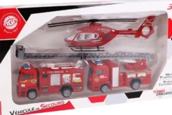 HELICOPTERE AVEC 2 VEHICULES POMPIER METAL
