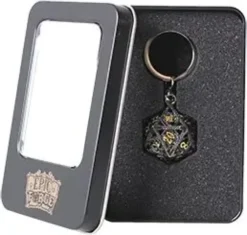PORTE-CLE D20 AVEC LOT DE 7 MINI DES METAL 5MM DANS BOITE METAL