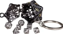 PORTE-CLE D20 AVEC LOT DE 7 MINI DES METAL 5MM DANS BOITE METAL