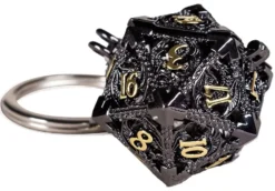 PORTE-CLE D20 AVEC LOT DE 7 MINI DES METAL 5MM DANS BOITE METAL