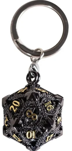 PORTE-CLE D20 AVEC LOT DE 7 MINI DES METAL 5MM DANS BOITE METAL