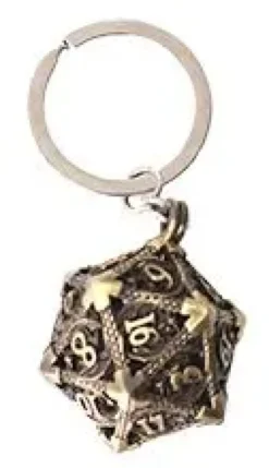 PORTE-CLE D20 VIEIL OR AVEC LOT DE 7 MINI DES METAL 5MM