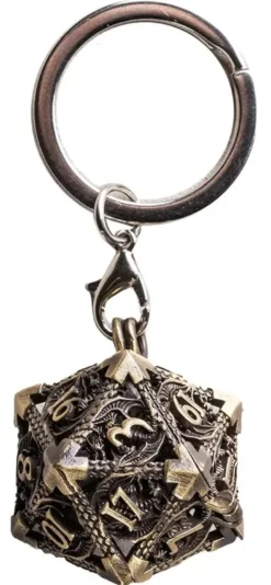 PORTE-CLE D20 VIEIL OR AVEC LOT DE 7 MINI DES METAL 5MM