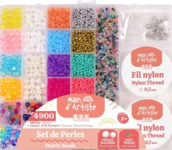 SET DE PERLES 27 CASES AVEC PERLES NACREES RONDES AVEC FIL ET CISEAUX