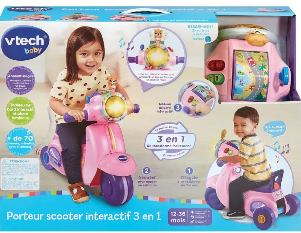 VTECH BABY - PORTEUR SCOOTER INTERACTIF 3 EN 1 ROSE